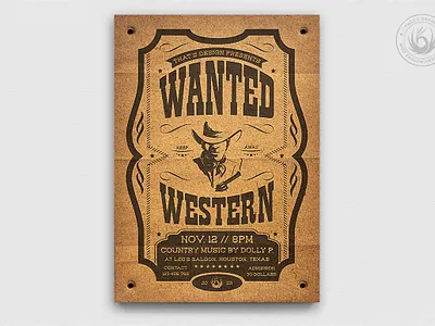 Wanted Western Party Flyer Template V2 bull riding club country cowboy design farm flyer gangster horse riding music party poster psd ranch rodeo saloon steakhouse template wanted western