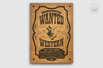 Wanted Western Party Flyer Template V2 bull riding club country cowboy design farm flyer gangster horse riding music party poster psd ranch rodeo saloon steakhouse template wanted western