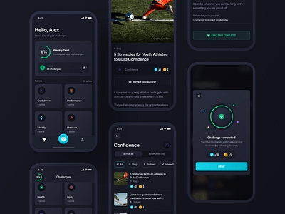 Arete / Challenges app black challenge chat chatbot clean colorful confetti dark fit fitmind goal green illustration interface ios mind mobile ui ux