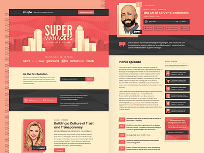 Supermanagers Podcast Website audio player city clouds comic details page episodes hero image landing page leadership managers newsletter podcast quote skyline sound wave spotify super superhero web design website