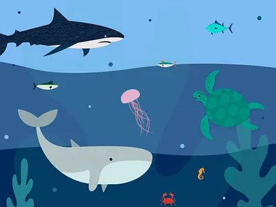 World Ocean Day awareness crab fish illustraion jellyfish ocean protect sea seahorse shark turtle whale world world ocean day