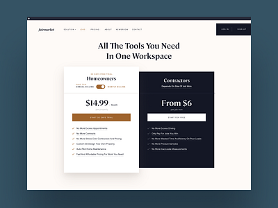 Fairmarket pricing 3d app billing contractors homeowner homeowners jobs landing prices pricing professional responsive start for free trial ui ux uxui web website