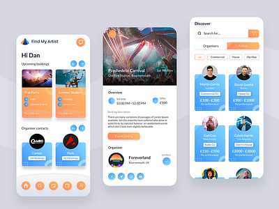 Artist Bookings App app app design artist blue booking app clean design discovery events app minimal orange simple ui