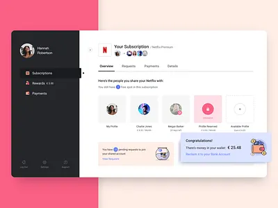Profile Sharing Management congratulations management overview profile reclaim subscriptions ui users wallet website