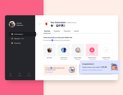 Profile Sharing Management congratulations management overview profile reclaim subscriptions ui users wallet website