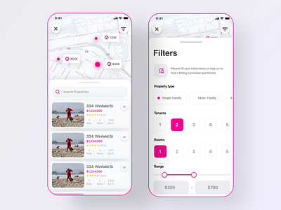 Real State Finder App filter screen home screen ios app map screen mobile app real state ui design