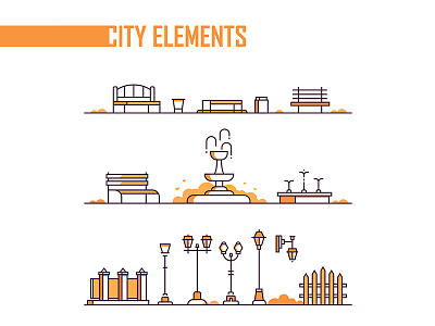 Urban line elements animals building character city life collection composition design illustration line style urban vector