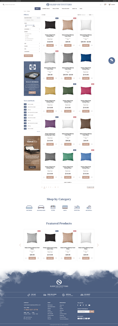 Sleep Outfitters. Product list page design e commerce figma illustrator list pillow plp products store ui ux web website