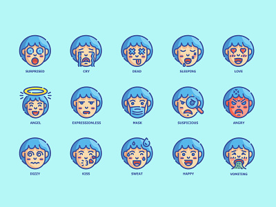 Emoji Faces angry avatar color cry design dizzy emoji emotion face flat happy icon illustration line love mask sad surprised vector