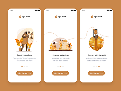 Eyowo - Consumer Onboarding 2d app black brown design finance illustration minimal money onboarding ui ux white