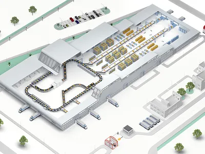 Parcel sorting center 3d graphic 3d illustration 3d rendering 3dsmax building center conveyor cutout inside minimalism pack package parcel plan sorting