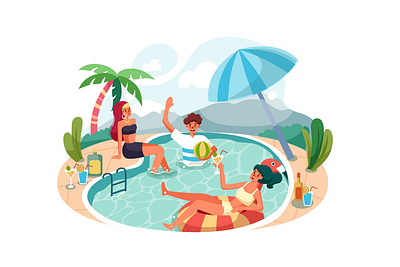 Happy people enjoying swimming pool party abstract banner character concept flat graphic header illustration infographic isometric landing onboarding page party swimming swimming pool team building vector web work