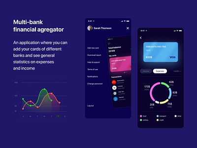 Multi-bank financial agregator bank banking banking app chart dark theme dashboad dashboard app dashboard design expenses finance finance app finances financial app income ios mobile app mobile app design schedule statistics ux design