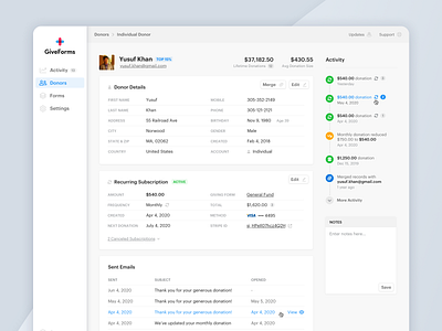 Donor Activity activity app breadcrumb crm donations donor donors edit email fundraising history menu merge nonprofit notes payments personal information profile stripe web app