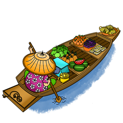 Authentic Thai boat boat cartoon illustration culture design drawing hand drawn illustration market procreate thailand