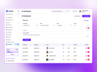Education AI Voiceover Dashboard Design ai aivoice dashboard dashboard design design education ui ui design uidesign website design
