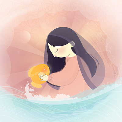 The Golden Fish cute drawing fish girl gold illustraion manal ocean princess sea story tale wave yosri