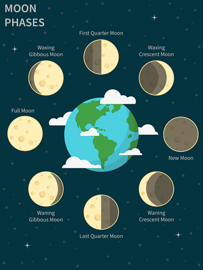 Moon Phases crescent moon flat design full moon moon phases stars vector