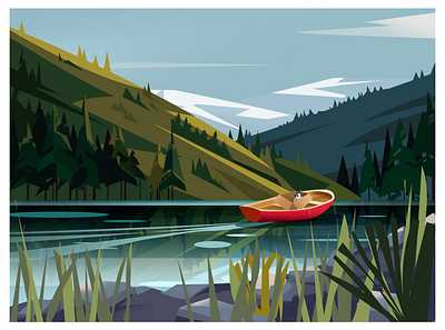 Wandering little cat box cat cloud color grass homepage illustration mountain river riverboat sky stone tree ui website