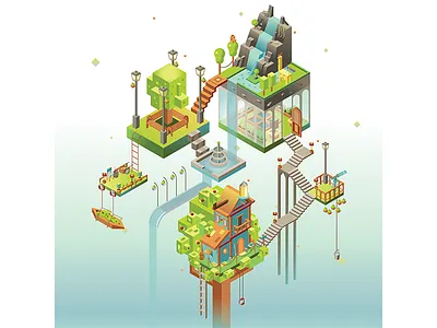 Circulation artwork design floral green illustration isometric isometric illustration nature tree treehouse vector vector design waterfall