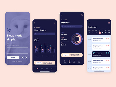 Daisy. Sleep tracking app. app branding cleanui daisy data data ui graphs night mode owl purple ui sleep app sleep data studio logo ui ui design ux