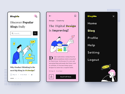 Bloglife News App app articles blog design illustration logo magazine managment menu minimal neon news newspaper product design profile reader reading web webdesign website