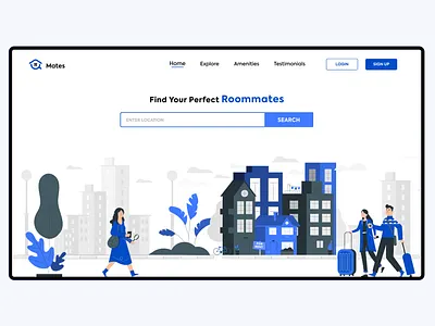 Mates - landing page adobe xd apartment blue checkin clean coliving falt friends hotel illustraion landingpage minimal room service roommates website