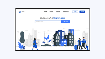 Mates - landing page adobe xd apartment blue checkin clean coliving falt friends hotel illustraion landingpage minimal room service roommates website