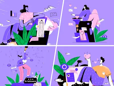 Purple flat style linear illustrations adobe illustrator cartoon character design flat girl illustration line art ui vector