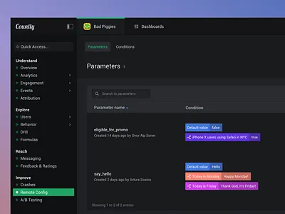 Dark UI Detail (Countly) analytics app button chart dark dark theme dark ui dashboard design flat gradient interface layout navigation night theme typography ui ux vibrant