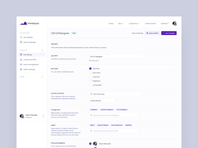 himalayas.app — admin job listing concept 🏔 account account settings admin admin panel checkbox clean ui dashboard dashboard ui form form filed input fields minimal multi select purple settings settings page simple