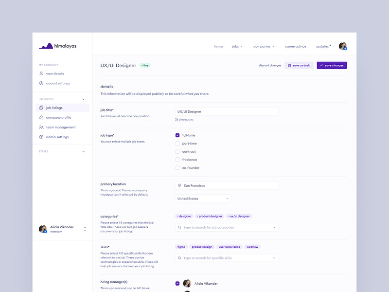 himalayas.app — admin job listing concept 🏔 account account settings admin admin panel checkbox clean ui dashboard dashboard ui form form filed input fields minimal multi select purple settings settings page simple
