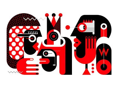 Three People and One Bottle of Whisky abstract alcohol art bottle crown drink female fine art group illustration king male man painting people queen red and black vector whisky woman