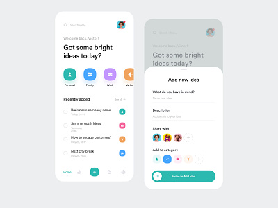 iDeaz App colors concept creative figma idea ideas ideas app illustration management app mobile mobile app mobile ui onboarding product design search share swipe ui uidesign ux