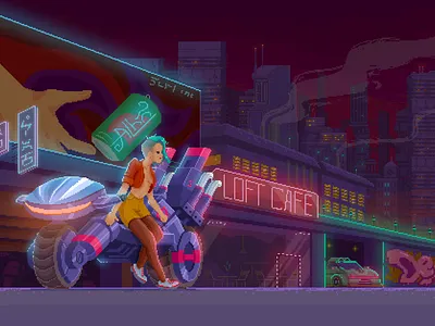 cyberpunk biker girl artwork cyberpunk gameart illustration illustrator indie game megapolis neon pixel pixel art pixelart retro retrogames sci fi scifi videogame