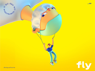 fly. quarantine series 3d 3d character cinema 4d color covid 19 flying illustraion illustration mask minimal paragliding quarantine simple ui illustration