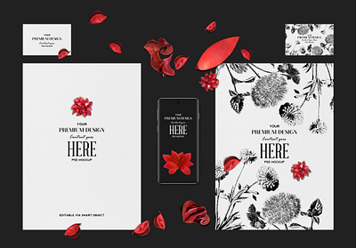 No. 4 - Stationery Mockup with a Phone businesscard contrast crisp easy to use floral mockup paper phone psd readymade red sharp smartobject stationery texture