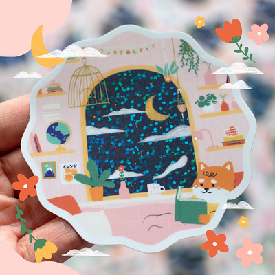 Good night Shiba-chan bedroom character cute glitter glittery shiba shiba inu sticker