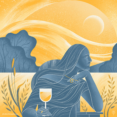 The Thinker by the Fallow Fields. colour countryside field flow illustration illustrator limited colour palette monochrome nature procreate stylish wheat wine woman