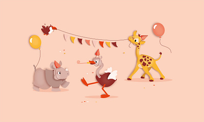 Birthday card animals baby animals balloons bird birthday card celebration character character design characters cute giraffe illustration ostrich rhino