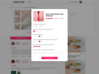 CosmeClub | Cosmetic Review Platform beauty checkbox comment cosmetic experience popup product review reviews text input ui ux web web design
