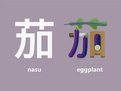 visual kanji eggplant flat illustration japanese kanji midcentury stipple typogaphy vector