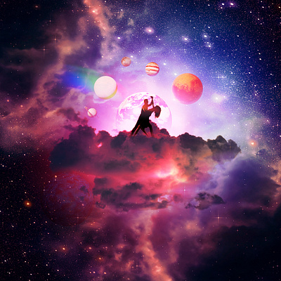 Dancing outside the galaxy art artwork color couple dance design earth galaxy love manipulate manipulation mars outside planet planets sky space starry stars