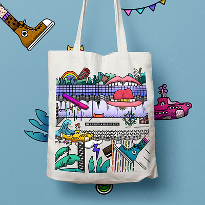 Mes clics & mes clacs colors design gradient icecream illustration illustrator lines lips mockup mouth palm photoshop rainbow shoe skateboard sketch submarine textile tongue totebag