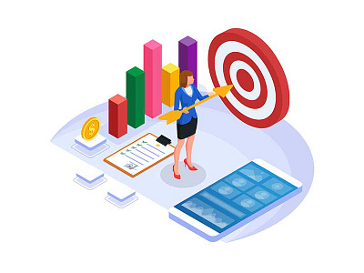 Businesswoman holding arrow to hit the target. achievement arrow business coworker coworkers creative design dribbble goal homepage illustration illustrations marketing strategy success target ui vector website woman