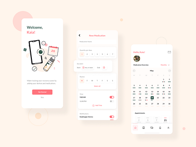 Medication Adherence App android app app design calendar cards health icon illustration interaction ios log medication mobile mobile app mobile app design reminder settings track ui ux