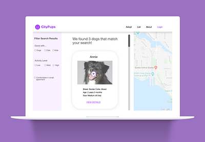 CityPups dog landing page pet adoption pet app pets search result ui website design