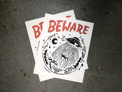 Beware of Aliens Linocut Print aliens fine art illustration line art linocut linoprint printmaking typography ufo art