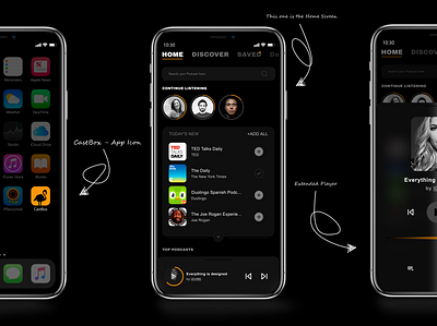 CASTBOX - A Podcast Application Concept | 2020 app app logo design art artist dark dark mode dark theme design explore minimalist multicolor new design player card player ui podcast podcast app podcasting trend 2020 typography ui