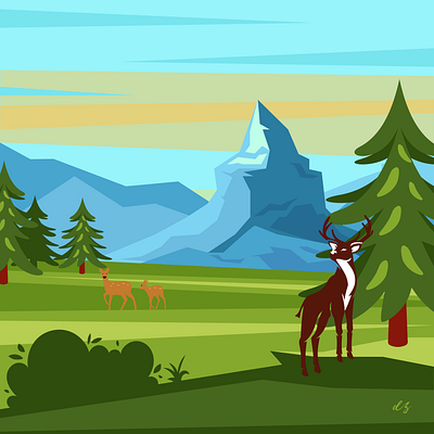 Deers in Nature deer illustration mountain nature
